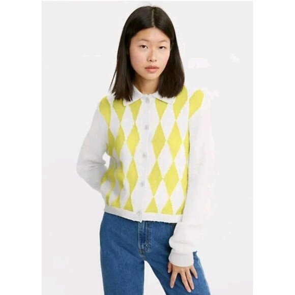 Levi's Vega Argyle Cardigan Sweater Collared Button Up Knit Preppy Academia - Picture 1 of 6